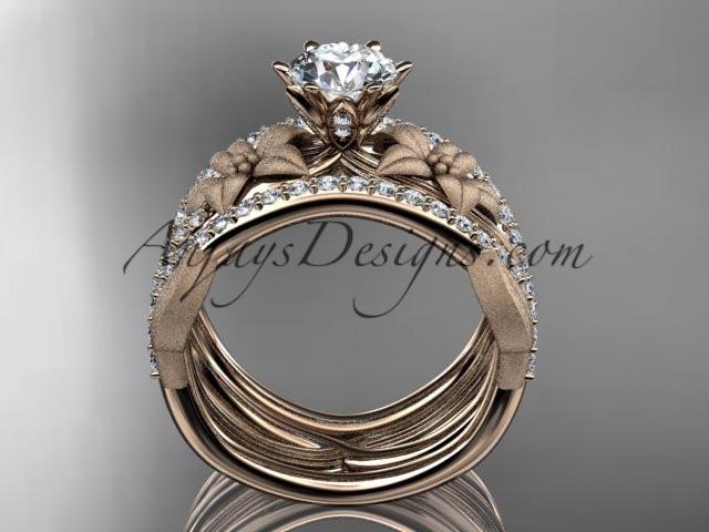 Unique 14kt rose gold diamond flower, leaf and vine wedding ring, engagement ring with a "Forever One" Moissanite center stone and double matching band ADLR221S - AnjaysDesigns