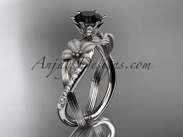 Unique 14kt white gold diamond flower, leaf and vine wedding ring, engagement ring with a Black Diamond center stone ADLR221 - AnjaysDesigns