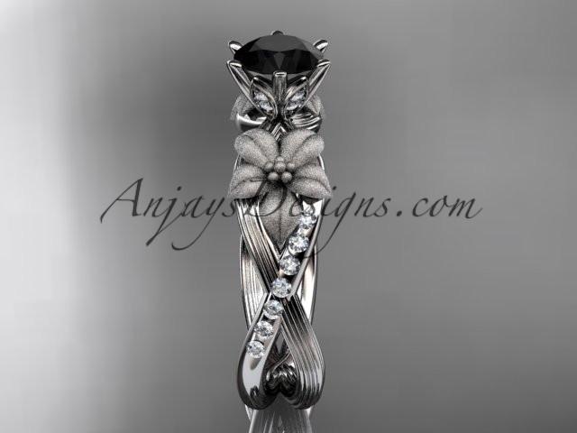 Unique platinum diamond flower, leaf and vine wedding ring, engagement ring with a Black Diamond center stone ADLR221 - AnjaysDesigns