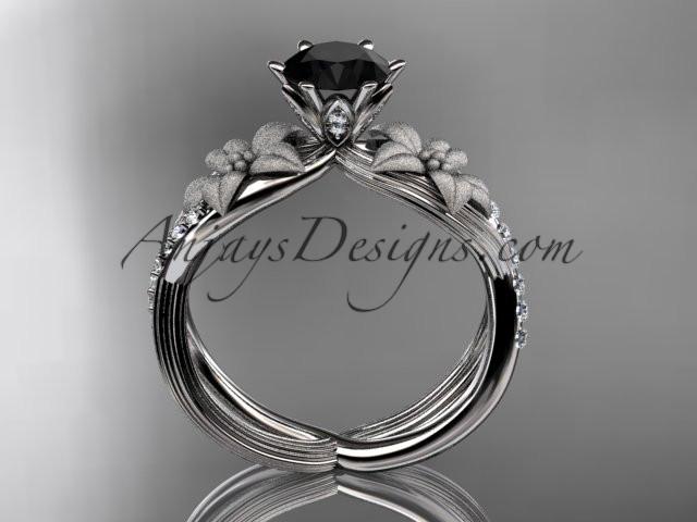Unique platinum diamond flower, leaf and vine wedding ring, engagement ring with a Black Diamond center stone ADLR221 - AnjaysDesigns