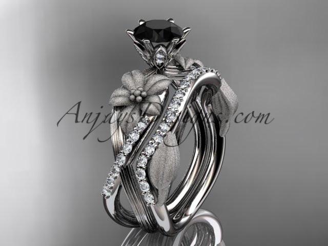 Unique platinum diamond flower, leaf and vine wedding ring, engagement set with a Black Diamond center stone ADLR221S - AnjaysDesigns
