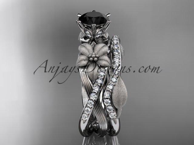 Unique platinum diamond flower, leaf and vine wedding ring, engagement set with a Black Diamond center stone ADLR221S - AnjaysDesigns