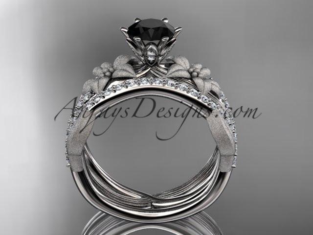 Unique 14kt white gold diamond flower, leaf and vine wedding ring, engagement set with a Black Diamond center stone ADLR221S - AnjaysDesigns