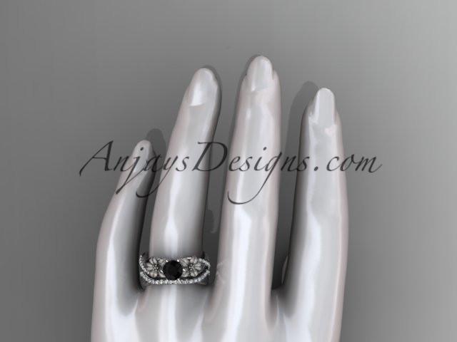 Unique 14kt white gold diamond flower, leaf and vine wedding ring, engagement set with a Black Diamond center stone ADLR221S - AnjaysDesigns