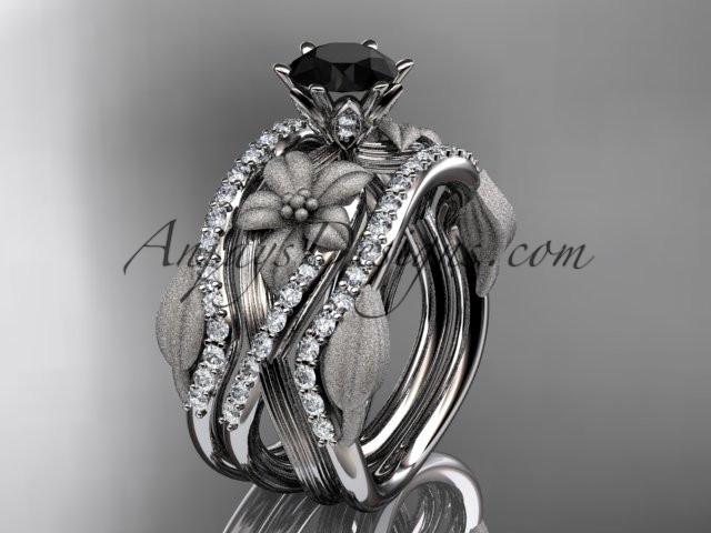 Unique 14kt white gold diamond flower, leaf and vine wedding ring, engagement ring with a Black Diamond center stone and double matching band ADLR221S - AnjaysDesigns