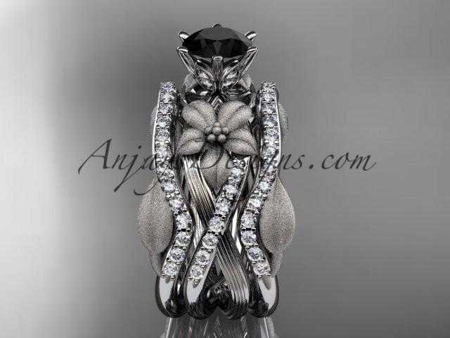 Unique 14kt white gold diamond flower, leaf and vine wedding ring, engagement ring with a Black Diamond center stone and double matching band ADLR221S - AnjaysDesigns