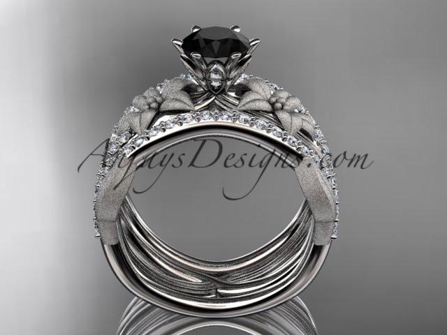 Unique 14kt white gold diamond flower, leaf and vine wedding ring, engagement ring with a Black Diamond center stone and double matching band ADLR221S - AnjaysDesigns