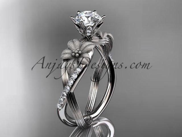 Unique Platinum diamond flower, leaf and vine wedding ring, engagement ring with a "Forever One" Moissanite center stone ADLR221 - AnjaysDesigns