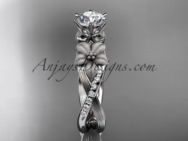 Unique 14kt white gold diamond flower, leaf and vine wedding ring, engagement ring with a "Forever One" Moissanite center stone ADLR221 - AnjaysDesigns
