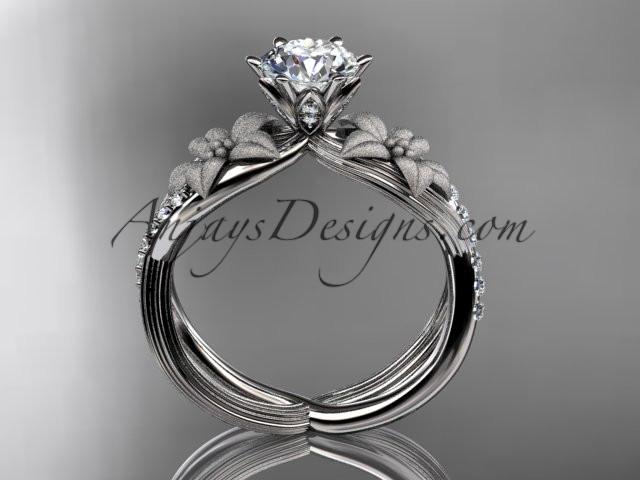 Unique 14kt white gold diamond flower, leaf and vine wedding ring, engagement ring with a "Forever One" Moissanite center stone ADLR221 - AnjaysDesigns