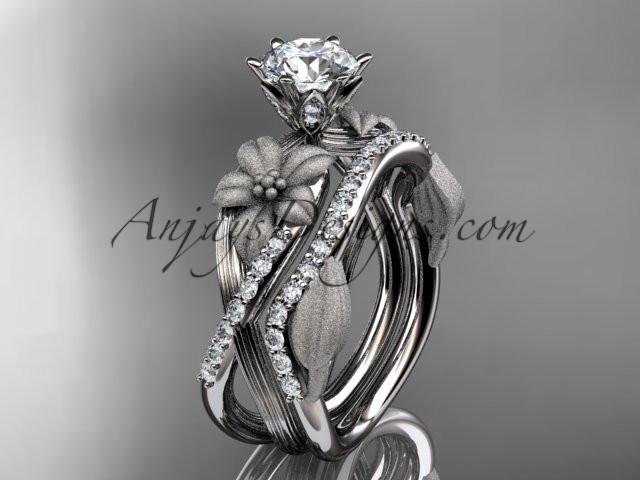 Unique platinum diamond flower, leaf and vine wedding ring, engagement set with a "Forever One" Moissanite center stone ADLR221S - AnjaysDesigns