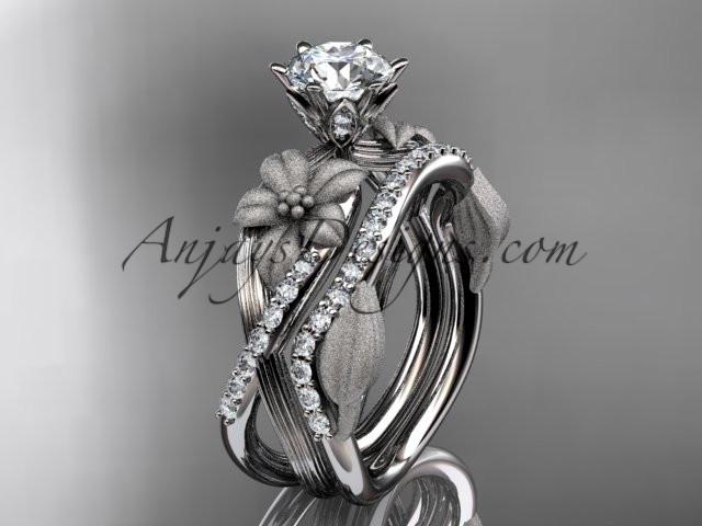 Unique 14kt white gold diamond flower, leaf and vine wedding ring, engagement set with a "Forever One" Moissanite center stone ADLR221S - AnjaysDesigns