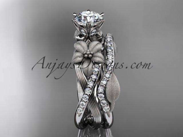 Unique platinum diamond flower, leaf and vine wedding ring, engagement set with a "Forever One" Moissanite center stone ADLR221S - AnjaysDesigns