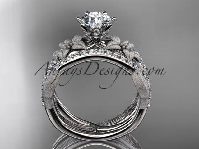 Unique platinum diamond flower, leaf and vine wedding ring, engagement set with a "Forever One" Moissanite center stone ADLR221S - AnjaysDesigns