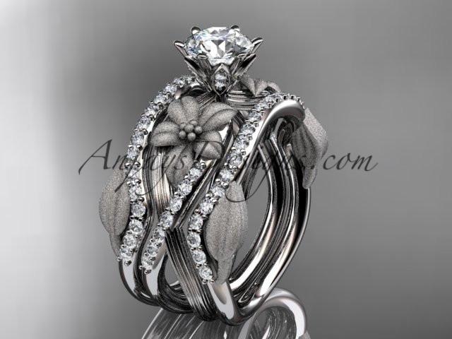 Unique platinum diamond flower, leaf and vine wedding ring, engagement ring with a "Forever One" Moissanite center stone and double matching band ADLR221S - AnjaysDesigns