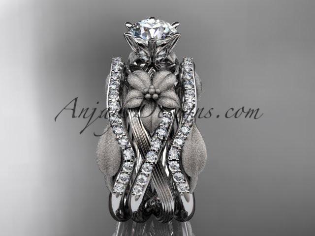 Unique 14kt white gold diamond flower, leaf and vine wedding ring, engagement ring with a "Forever One" Moissanite center stone and double matching band ADLR221S - AnjaysDesigns