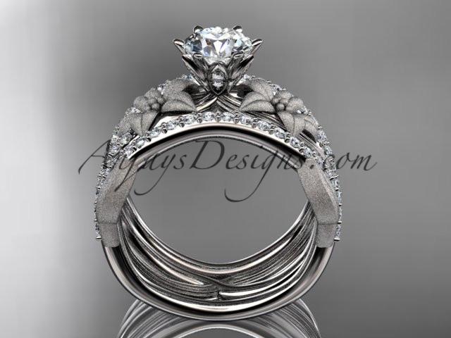 Unique 14kt white gold diamond flower, leaf and vine wedding ring, engagement ring with a "Forever One" Moissanite center stone and double matching band ADLR221S - AnjaysDesigns