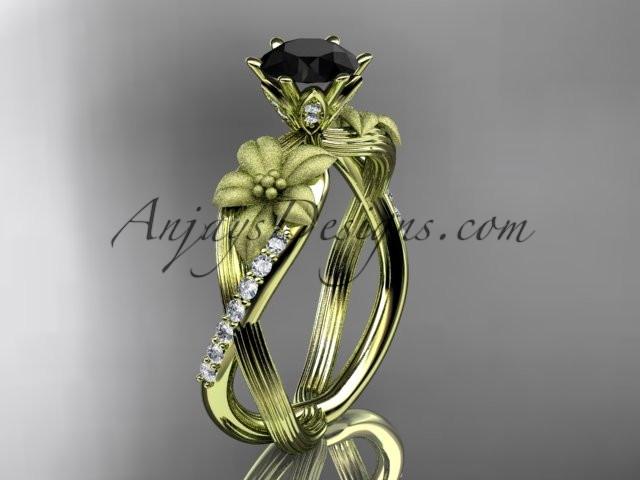 Unique 14kt yellow gold diamond flower, leaf and vine wedding ring, engagement ring with a Black Diamond center stone ADLR221 - AnjaysDesigns