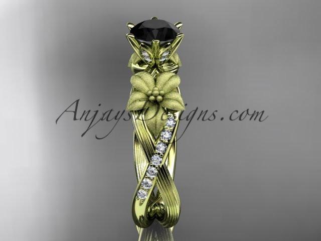 Unique 14kt yellow gold diamond flower, leaf and vine wedding ring, engagement ring with a Black Diamond center stone ADLR221 - AnjaysDesigns