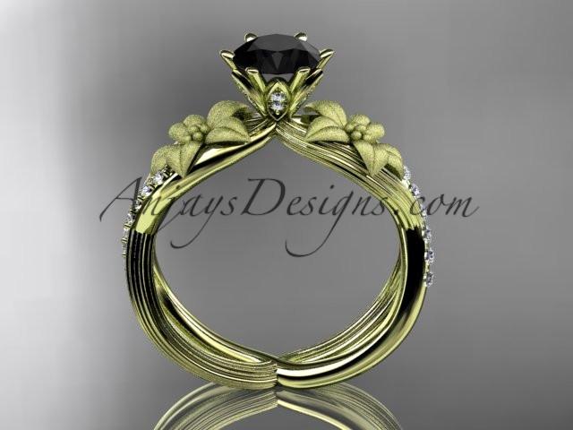 Unique 14kt yellow gold diamond flower, leaf and vine wedding ring, engagement ring with a Black Diamond center stone ADLR221 - AnjaysDesigns