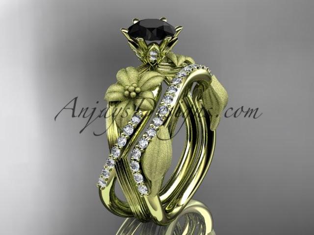 Unique 14kt yellow gold diamond flower, leaf and vine wedding ring, engagement set with a Black Diamond center stone ADLR221S - AnjaysDesigns