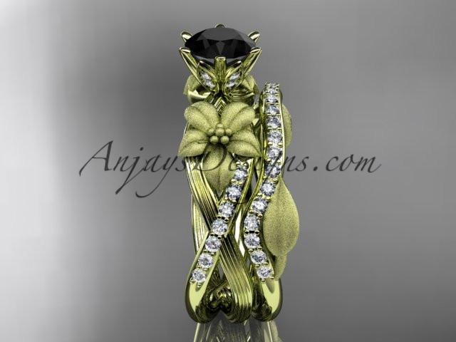 Unique 14kt yellow gold diamond flower, leaf and vine wedding ring, engagement set with a Black Diamond center stone ADLR221S - AnjaysDesigns