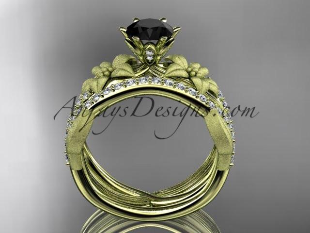 Unique 14kt yellow gold diamond flower, leaf and vine wedding ring, engagement set with a Black Diamond center stone ADLR221S - AnjaysDesigns