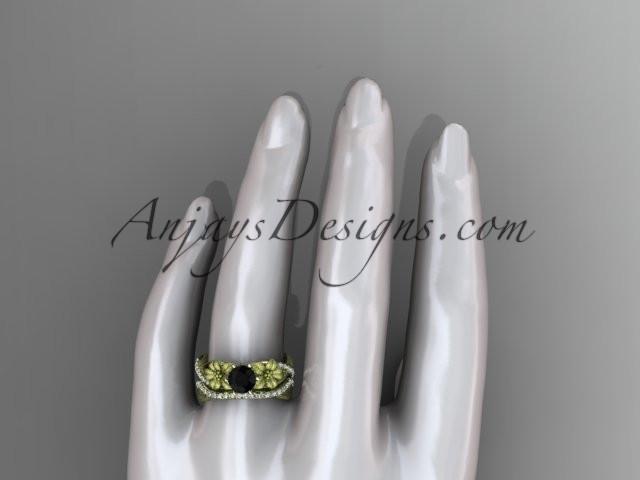 Unique 14kt yellow gold diamond flower, leaf and vine wedding ring, engagement set with a Black Diamond center stone ADLR221S - AnjaysDesigns