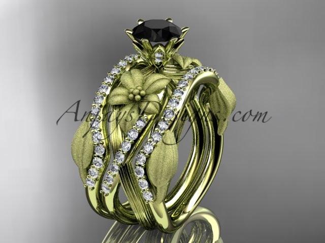 Unique 14kt yellow gold diamond flower, leaf and vine wedding ring, engagement ring with a Black Diamond center stone and double matching band ADLR221S - AnjaysDesigns