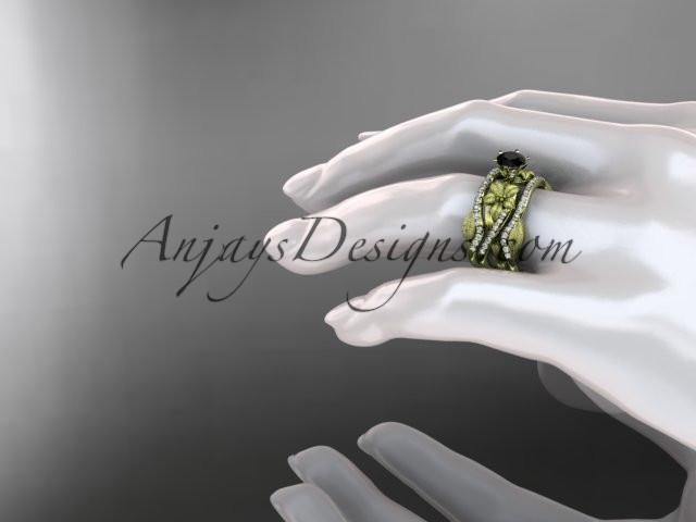 Unique 14kt yellow gold diamond flower, leaf and vine wedding ring, engagement ring with a Black Diamond center stone and double matching band ADLR221S - AnjaysDesigns