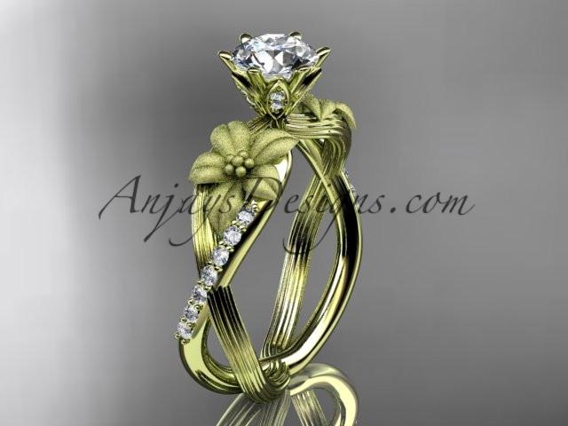Unique 14kt yellow gold diamond flower, leaf and vine wedding ring, engagement ring with a "Forever One" Moissanite center stone ADLR221 - AnjaysDesigns