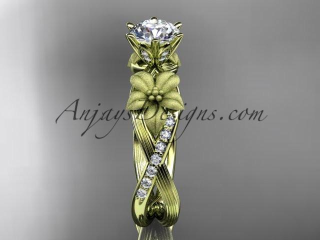 Unique 14kt yellow gold diamond flower, leaf and vine wedding ring, engagement ring with a "Forever One" Moissanite center stone ADLR221 - AnjaysDesigns