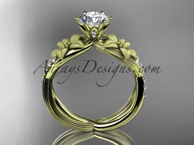 Unique 14kt yellow gold diamond flower, leaf and vine wedding ring, engagement ring with a "Forever One" Moissanite center stone ADLR221 - AnjaysDesigns