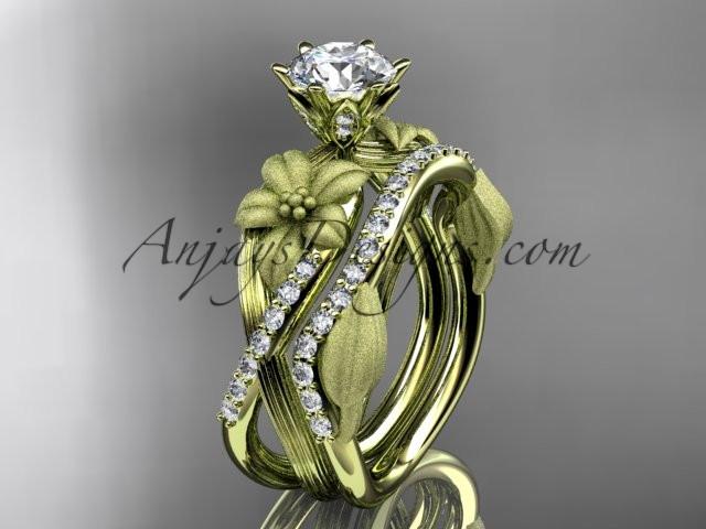 Unique 14kt yellow gold diamond flower, leaf and vine wedding ring, engagement set with a "Forever One" Moissanite center stone ADLR221S - AnjaysDesigns