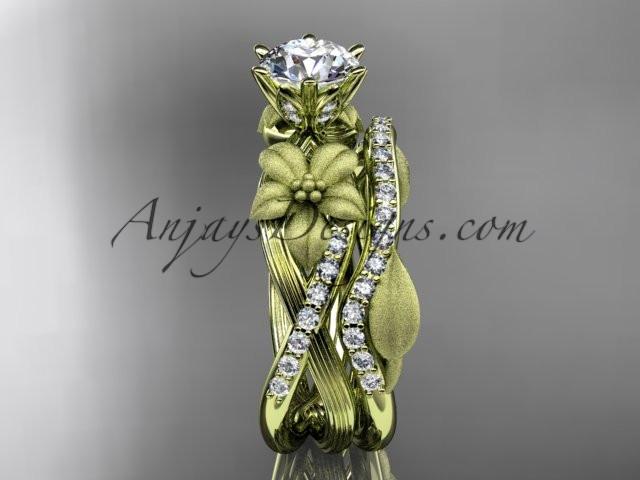 Unique 14kt yellow gold diamond flower, leaf and vine wedding ring, engagement set with a "Forever One" Moissanite center stone ADLR221S - AnjaysDesigns