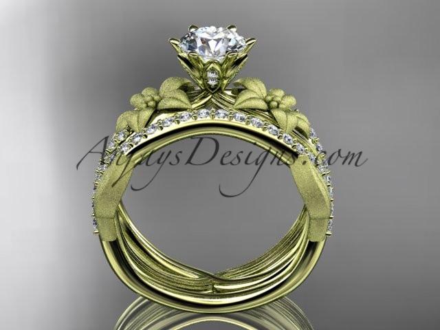 Unique 14kt yellow gold diamond flower, leaf and vine wedding ring, engagement set with a "Forever One" Moissanite center stone ADLR221S - AnjaysDesigns