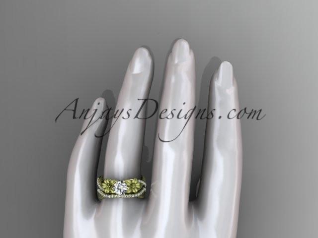 Unique 14kt yellow gold diamond flower, leaf and vine wedding ring, engagement set with a "Forever One" Moissanite center stone ADLR221S - AnjaysDesigns