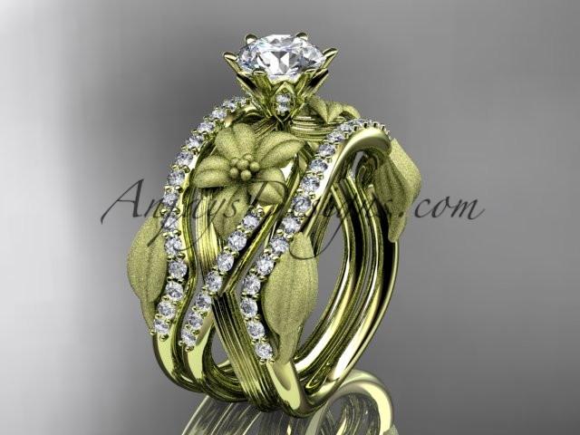 Unique 14kt yellow gold diamond flower, leaf and vine wedding ring, engagement ring with a "Forever One" Moissanite center stone and double matching band ADLR221S - AnjaysDesigns