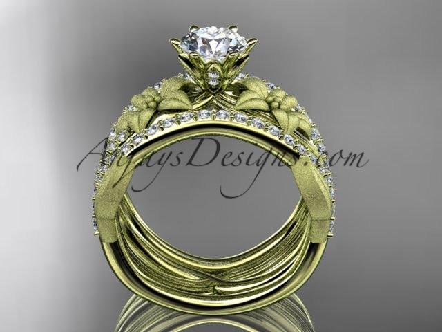 Unique 14kt yellow gold diamond flower, leaf and vine wedding ring, engagement ring and double matching band ADLR221S - AnjaysDesigns