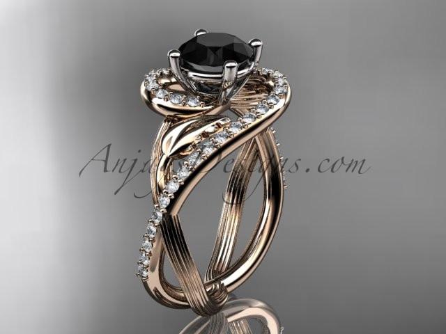 Unique 14kt rose gold diamond leaf and vine wedding ring, engagement ring with a Black Diamond center stone ADLR222 - AnjaysDesigns