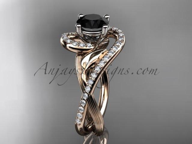 Unique 14kt rose gold diamond leaf and vine wedding ring, engagement ring with a Black Diamond center stone ADLR222 - AnjaysDesigns