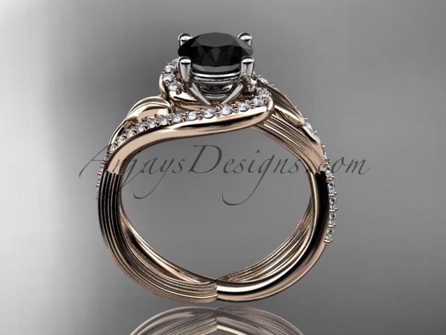 Unique 14kt rose gold diamond leaf and vine wedding ring, engagement ring with a Black Diamond center stone ADLR222 - AnjaysDesigns