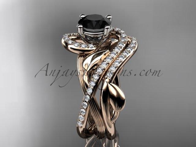 Unique 14kt rose gold diamond leaf and vine wedding set, engagement set with a Black Diamond center stone ADLR222 - AnjaysDesigns