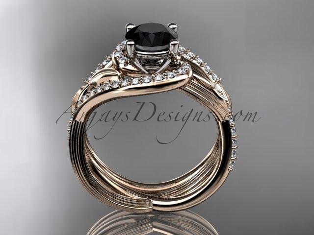 Unique 14kt rose gold diamond leaf and vine wedding set, engagement set with a Black Diamond center stone ADLR222 - AnjaysDesigns