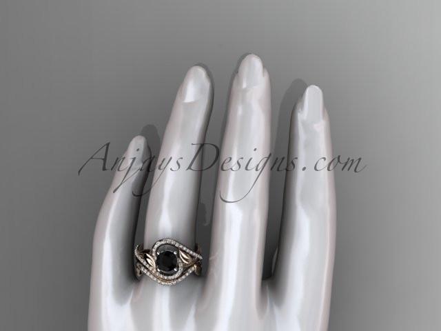 Unique 14kt rose gold diamond leaf and vine wedding set, engagement set with a Black Diamond center stone ADLR222 - AnjaysDesigns