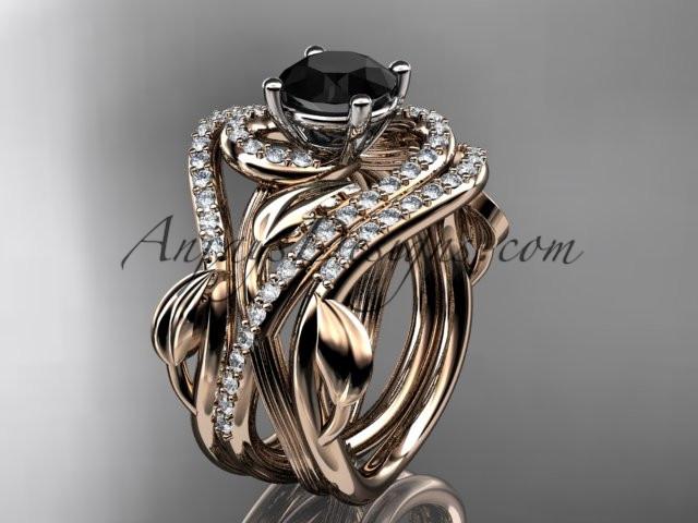 Unique 14kt rose gold diamond leaf and vine wedding ring, engagement ring with a Black Diamond center stone and double matching band ADLR222S - AnjaysDesigns