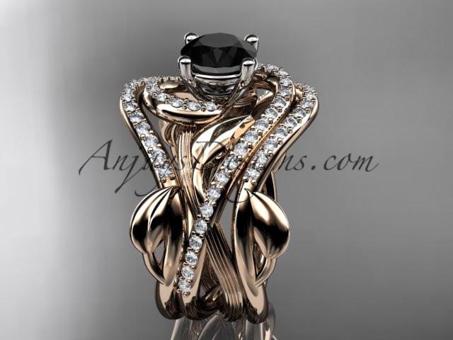 Unique 14kt rose gold diamond leaf and vine wedding ring, engagement ring with a Black Diamond center stone and double matching band ADLR222S - AnjaysDesigns