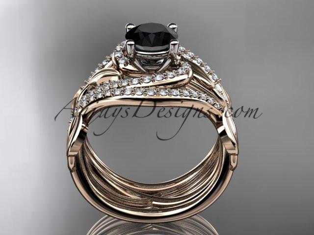 Unique 14kt rose gold diamond leaf and vine wedding ring, engagement ring with a Black Diamond center stone and double matching band ADLR222S - AnjaysDesigns