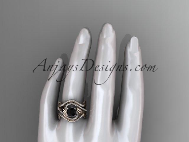 Unique 14kt rose gold diamond leaf and vine wedding ring, engagement ring with a Black Diamond center stone and double matching band ADLR222S - AnjaysDesigns