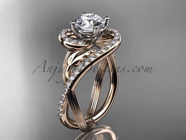 Unique 14kt rose gold diamond leaf and vine wedding ring, engagement ring with a "Forever One" Moissanite center stone ADLR222 - AnjaysDesigns